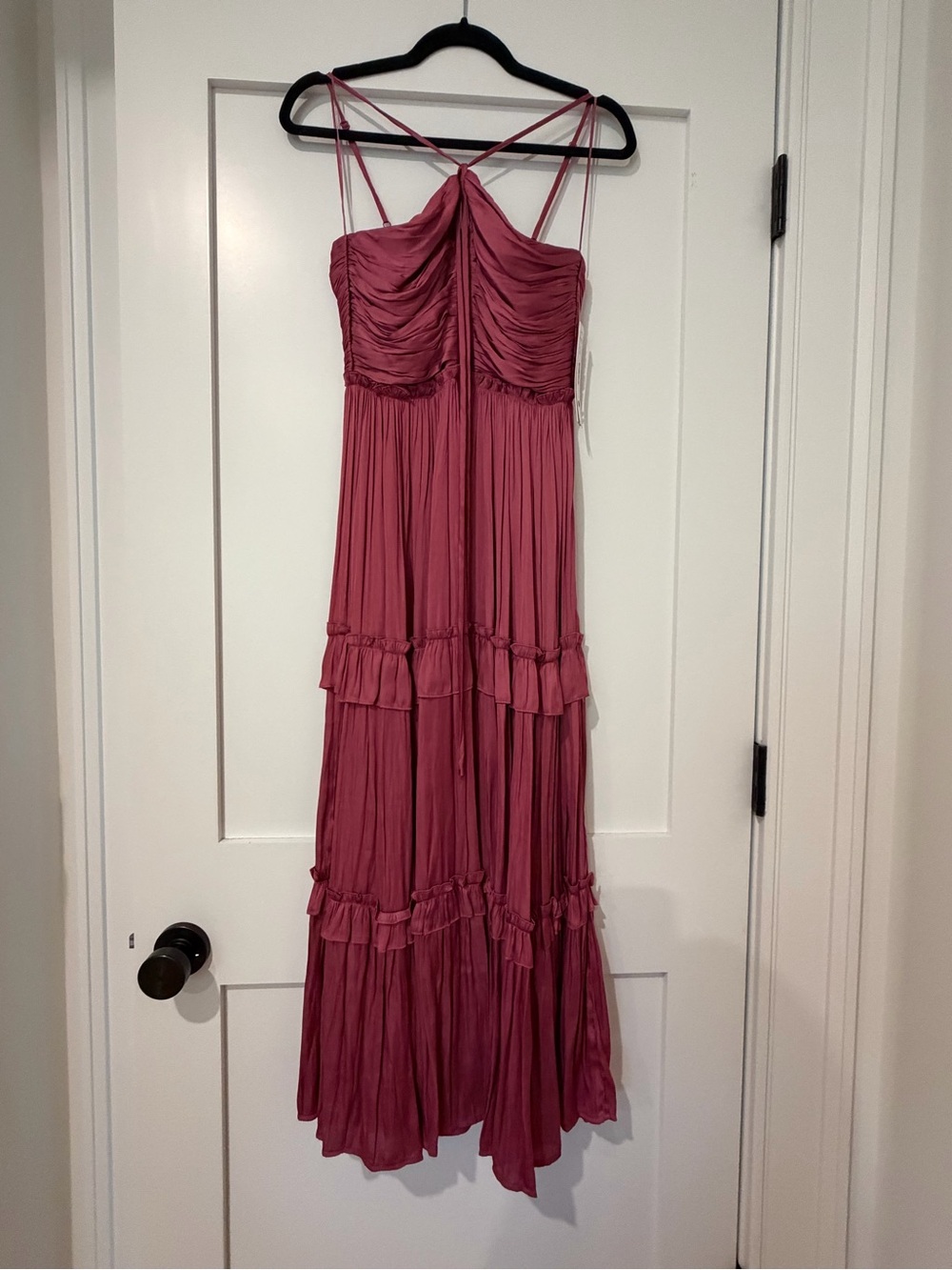Aqua Dusty Rose Ruched Tiered Maxi Dress